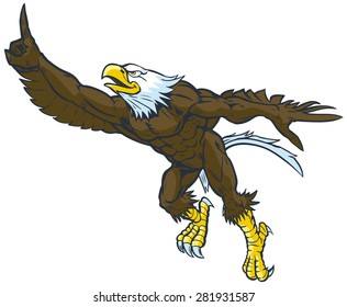 Vector cartoon clip art illustration of a tough muscular bald eagle mascot leaping or flying forward while throwing the number one hand gesture.