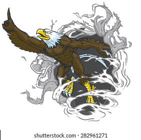 Vector cartoon clip art illustration of a tough muscular bald eagle mascot ripping out of the background while throwing the number one hand gesture. Character art is on a separate layer in the file.