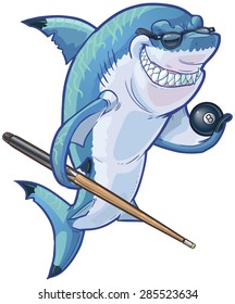 Vector cartoon clip art illustration of a tough mean smiling shark mascot wearing sunglasses and holding an eight ball and pool cue. Accessories are on a separate layer.