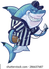 Vector cartoon clip art illustration of a tough mean smiling shark mascot wearing a referee shirt and hat while holding a football and whistle. Accessories are on a separate layer.