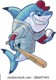 Vector cartoon clip art illustration of a tough mean smiling shark mascot wearing a baseball shirt and hat while holding a bat and ball. Accessories are on a separate layer.