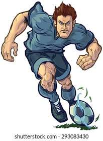 Vector cartoon clip art illustration of a tough, determined soccer or football player dribbling the ball forward. Color and Uniform elements are on separate layers in the file for easy customizing.