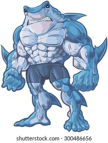 Vector cartoon clip art illustration of a muscular, tough, and mean looking anthropomorphic shark man hybrid creature.