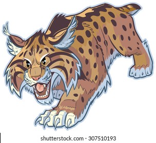 Vector cartoon clip art illustration of a hungry bobcat or wildcat mascot stalking its prey. This cat is crouched low with its mouth open, and its front claws are out.