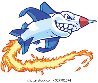 Vector cartoon clip art illustration of an anthropomorphic rocket or missile mascot with a shark mouth. It leaves a trail of flames as it flies.