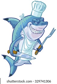 Vector cartoon clip art illustration of a tough mean smiling shark wearing a chef hat, apron, and holding a barbecue fork and butcher knife. Accessories are on a separate layer.