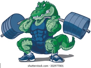 Vector cartoon clip art illustration of a tough mean weightlifting alligator or crocodile mascot wearing a singlet and doing a squat with a barbell.