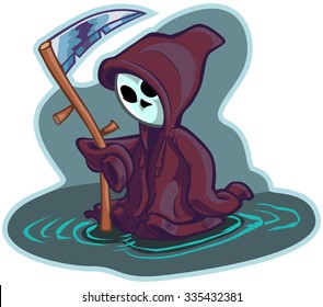 Vector cartoon clip art illustration of a cute little or young child version of death or the grim reaper, wearing an oversize hoodie or hooded sweatshirt instead of a robe and holding a scythe.