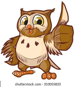 Vector cartoon clip art illustration of a cute and happy owl mascot giving the thumbs up hand gesture.