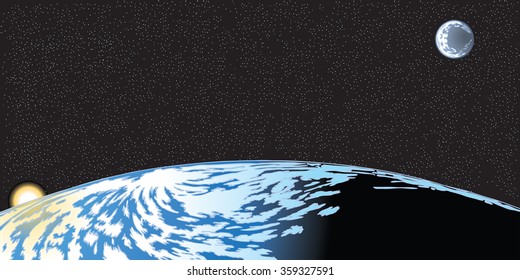Vector cartoon clip art illustration of the earth horizon seen from space with the rising sun and moon and stars in the background. Important elements are grouped in layers.