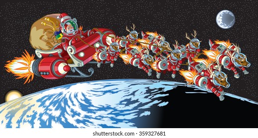 Vector cartoon clip art illustration of Santa Claus and his reindeer wearing astronaut space suits and driving a rocket powered sleigh in earth orbit. Important objects on separate layers.