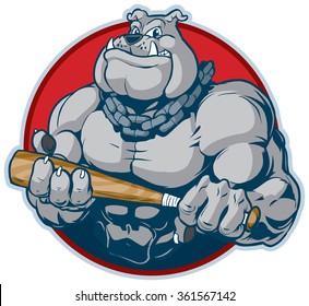 Vector cartoon clip art illustration of a tough mean muscular bulldog mascot with a chain around its neck holding a baseball or softball bat menacingly. designed as a bust inside a circle.