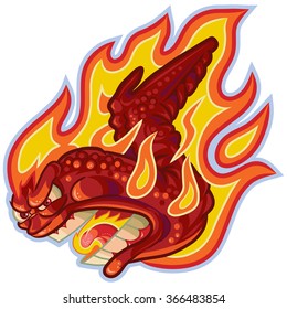 Vector Cartoon Clip Art Illustration Of An Angry Buffalo Or Hot Chicken Wing On Fire Or In Flames With A Screaming Anthropomorphic Face.