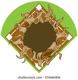 Vector Cartoon Clip Art Illustration Of A Hole Ripping Out Of A Baseball Or Softball Diamond Or Field Background.