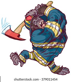 Vector cartoon clip art illustration of a tough angry gorilla mascot wearing a firefighter uniform and swinging a fire axe
