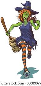 Vector cartoon clip art illustration of an ugly or scary witch mascot running or jogging with a broom.