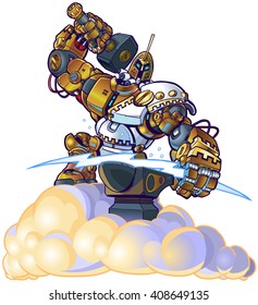 Vector cartoon clip art illustration of a Greek god robot blacksmith forging a lighting bolt with a hammer and anvil on a cloud.