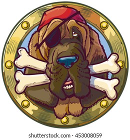Vector cartoon clip art illustration of a pirate bloodhound dog head mascot in a porthole with crossed bones in its mouth. He is wearing an eyepatch and bandana.