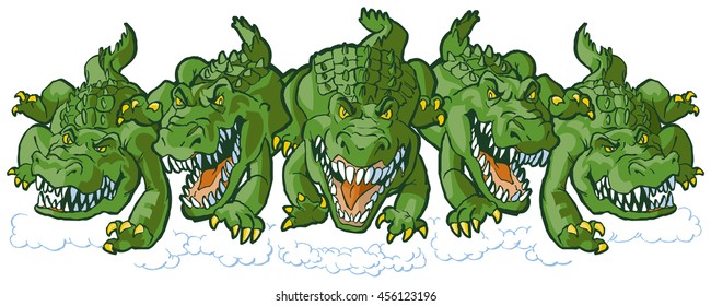 Vector cartoon clip art illustration of a group of tough mean alligator mascots charging or running forward. Each character is on a separate layer.