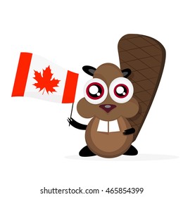 Vector cartoon clip art illustration of a cute, happy cartoon beaver holding canadian Flag.