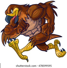 Vector Cartoon Clip Art Illustration Side View Of A Tough Muscular Hawk, Falcon, Or Eagle Mascot Running.