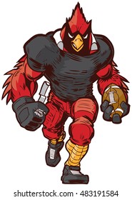 Vector cartoon clip art illustration front view of a tough cardinal football player mascot in uniform walking forward holding the game ball.