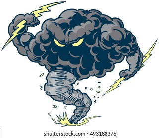 Vector cartoon clip art illustration tough thundercloud storm cloud mascot and lightning bolts   tornado funnel kicking up dust   debris 