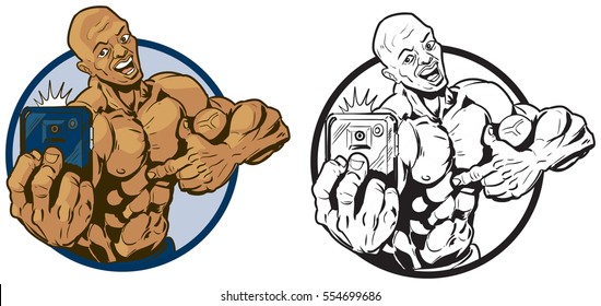Vector cartoon clip art illustration of a physically fit muscular african american man taking a selfie with a smartphone while pointing to himself. In color and black and white.
