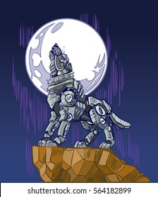 Vector cartoon clip art illustration of a mechanical robot wolf baying or howling at the moon while standing on a cliff.