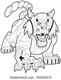 Vector cartoon clip art illustration of a mechanical robot bobcat or wildcat mascot stalking its prey. This cat is crouched low with its mouth open, and its front claws are out. Body parts in layers.