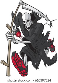 Vector cartoon clip art illustration of a Grim Reaper or Angel of Death running forward toward the viewer with a scythe, athletic shoes and a water bottle. Accessories are on separate layer.