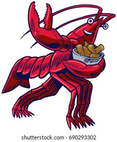 Vector cartoon clip art illustration of a crayfish, crawfish, crawdad, or lobster in a football pose holding a bowl of corn and potatoes