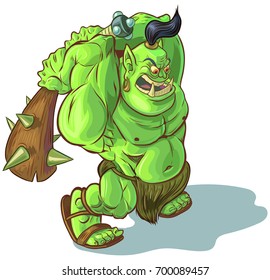 Vector cartoon clip art illustration of a tough mean muscular green orc or ogre or troll mascot with a spiked club raised to smash something. Lines, color fills, and club are on separate layers. 