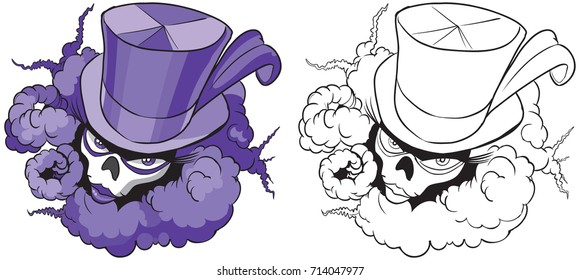 Vector cartoon clip art illustration of a female voodoo mascot with a feathered top hat , skull mask , and billowing smoke. In color and black and white.