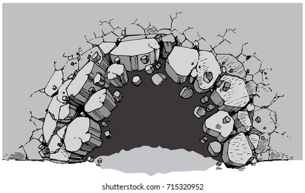 Vector cartoon clip art illustration of a ground level hole in a wide wall breaking or exploding out into rubble or debris. File is layered for easy customization as a background graphic element.