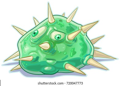 Vector cartoon clip art illustration of a green slime blob monster or creature with a dumb expression on its face and covered with spikes. Good for games, science fiction, or themes about germs.