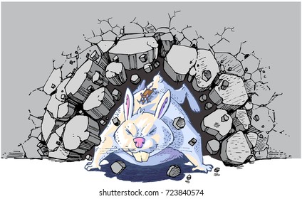 Vector cartoon clip art illustration of a brown mouse riding a giant white rabbit or bunny crashing through a wall. Vector file is layered for easy customization.