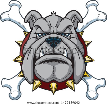 Vector cartoon clip art illustration of a tough mean cartoon bulldog mascot head with crossbones with a spiked collar in separate layers.