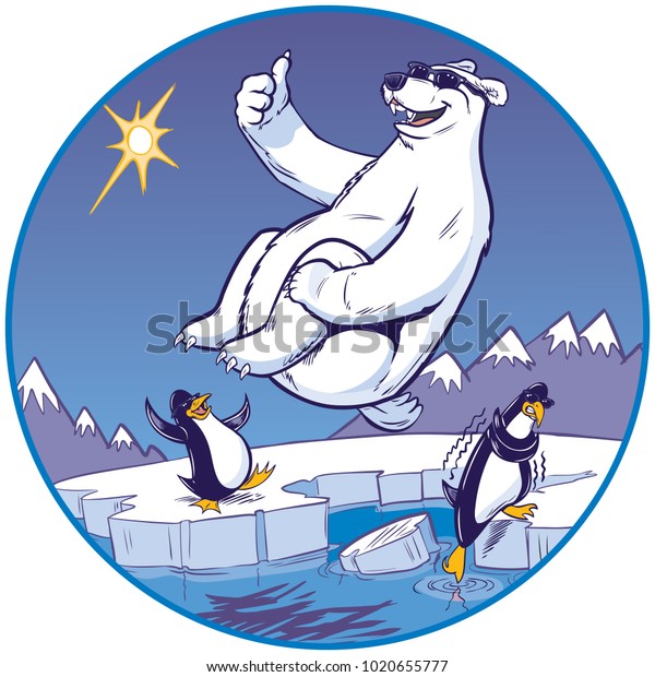 Vector cartoon clip art illustration of a cute funny\
polar bear mascot with sunglasses giving a thumbs up while doing a\
cannonball plunge. 2 penguins with shades watch from a cold Arctic\
background. 