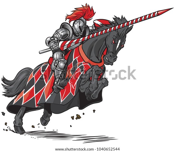 Vector cartoon clip art illustration of an\
armored knight on a scary black horse with red eyes charging or\
jousting with a lance and\
shield.