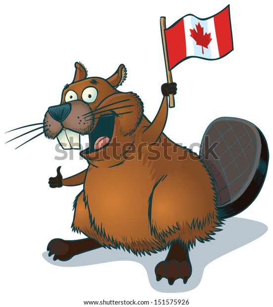 カナダ国旗を振り 親指を立てる かわいくて幸せな漫画のビーバーのベクター漫画クリップアートイラスト のベクター画像素材 ロイヤリティフリー