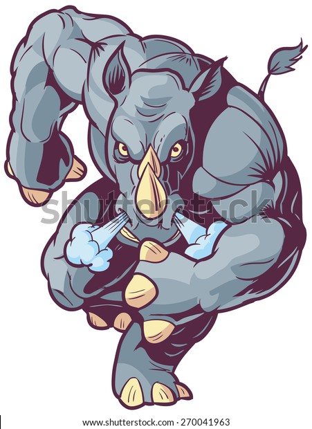 Vector Cartoon Clip Art\
Illustration of an Anthropomorphic Rhinoceros Mascot Charging\
Forward