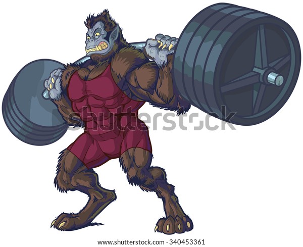 重量挙げの強い獣のマスコット 人狼男性 ゴリラ男性のキャラクターが 一重項を身に着け バーベル でスクワットをする様子を描いた ベクター漫画のクリップアートイラスト のベクター画像素材 ロイヤリティフリー
