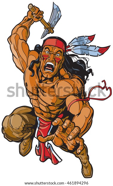 アパッチインディアンの先住民族の戦士を描いたベクターカートーンクリップアートのイラスト または 視聴者に向かって飛び上がり トマホークで攻撃する勇敢な人物 のベクター画像素材 ロイヤリティフリー