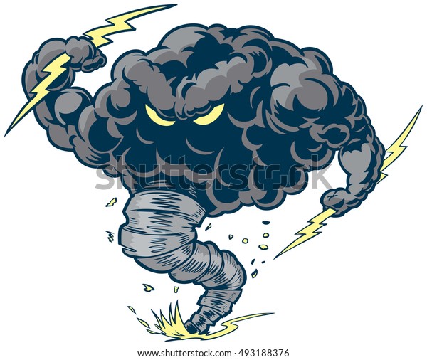 雷や砂ぼこりを蹴り上げる竜巻の漏斗を持つ 強い雷雲や嵐雲のマスコットのベクター漫画クリップアート のベクター画像素材 ロイヤリティフリー
