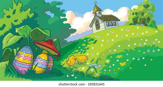 Vector cartoon clip art landscape background with an easter holiday theme. Features a church, some hidden eggs, and chicks, all on grassy hills with trees on a bright spring day.  