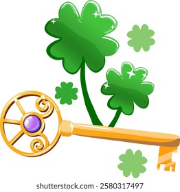 Vector cartoon clip art of lucky symbols: clover and golden key. Isolated on white background.