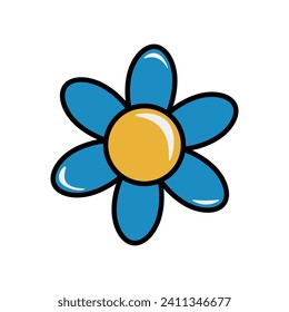 Vector cartoon clipart in groovy retro style with blye flower. Single isolated image on a white background. Stock illustration.