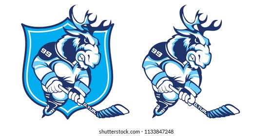 Vector cartoon clipart illustration of moose and deer mascot in uniform playing hockey, on shield background. In color and black and white.