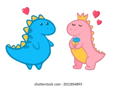 Vector cartoon clipart illustration of two dinosaurs, pink and blue, boy and girl, cute couple in love, dino doodle for children 